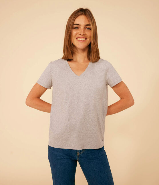 Le Droit, katoenen T-shirt voor dames met V-hals grijs CHATON CHINE