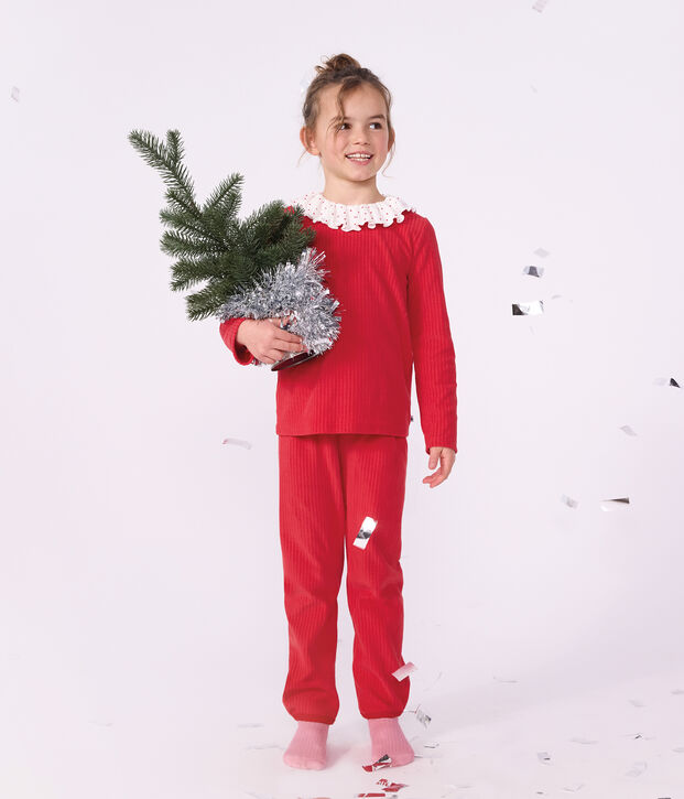 Effen fluwelen kinderpyjama van ribstof met kraagje rood