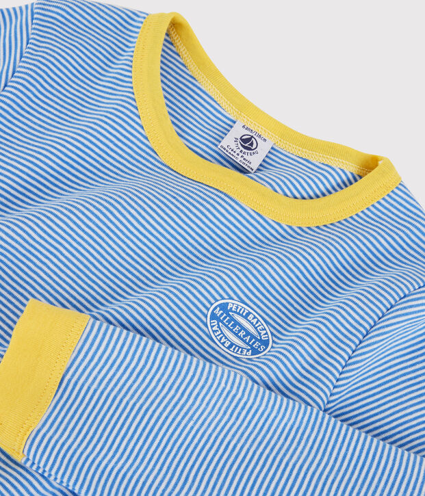 Pyjama ray&eacute; milleraies en coton enfant bleu/blanc