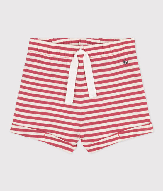 Gestreepte babyshort van gevlamde jerseystof roze PAPI/beige AVALANCHE