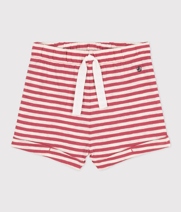 Gestreepte babyshort van gevlamde jerseystof roze/ecru