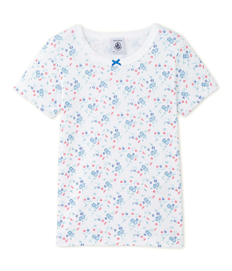 T-shirt fille imprim&eacute; blanc/bleu/multicouleur
