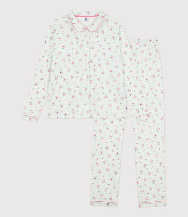 Pyjama boutonn&eacute; femme en coton imprim&eacute; blanc/multicouleur