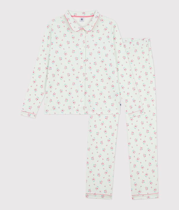 Pyjama boutonn&eacute; femme en coton imprim&eacute; blanc/multicouleur