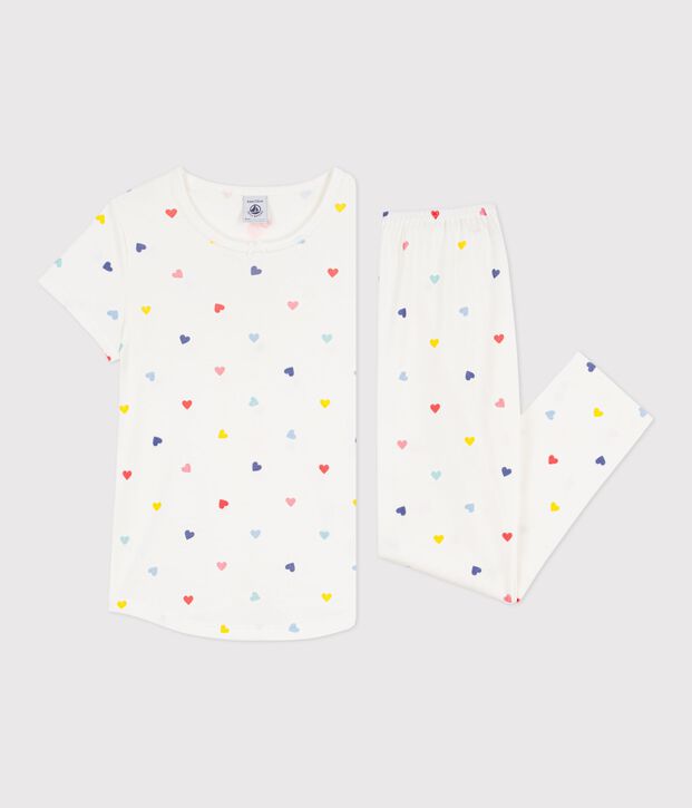 Pyjama enfant en coton manches courtes jambes longues &agrave; c&oelig;urs blanc/multicouleur