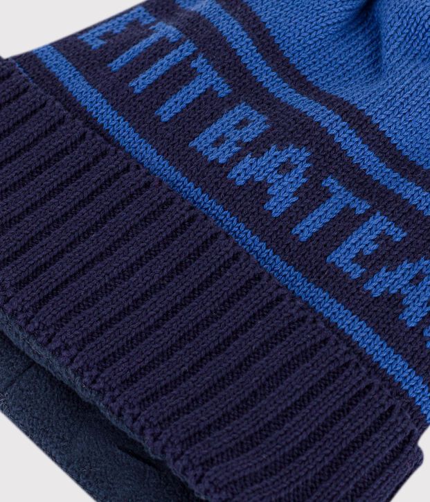 Kindermuts van jacquardtricot met fleecevoering blauw/blauw