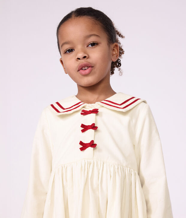 Robe enfant en velours manches longue unie blanc cass&eacute;
