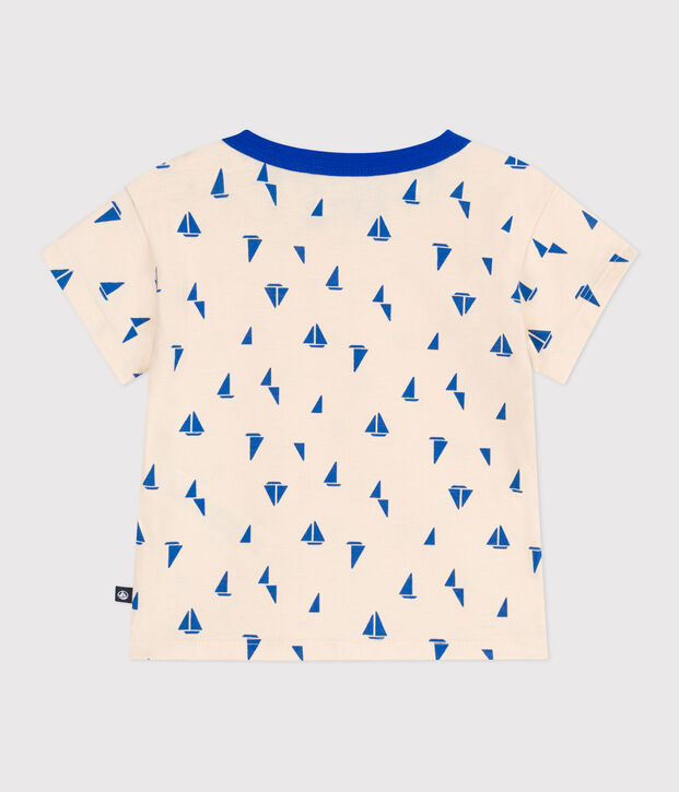 Tee-shirt b&eacute;b&eacute; en coton &agrave; manches courtes, imprim&eacute; bateaux &eacute;cru/bleu