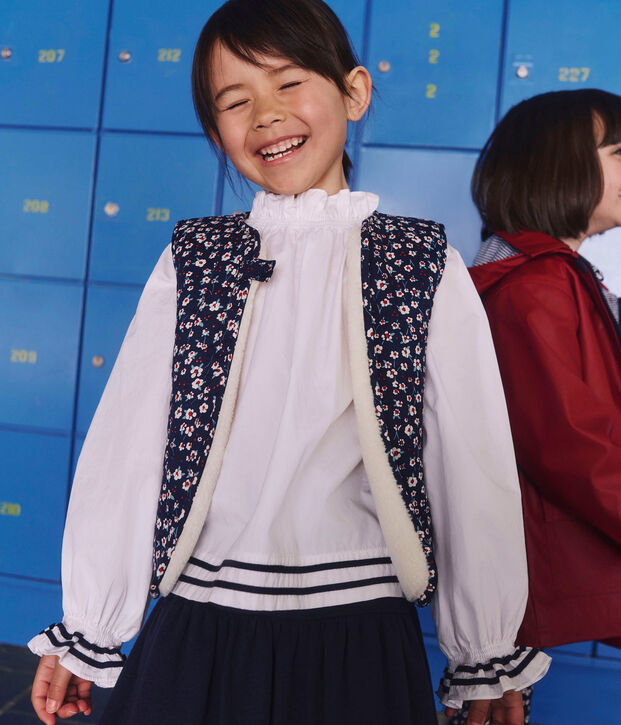 Gilet enfant en popeline de coton et sherpa sans manche imprim&eacute; bleu/multicouleur