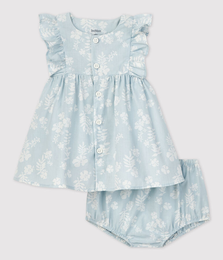 Robe avec bloomer imprim&eacute; Hawa&iuml; en popeline bio b&eacute;b&eacute; bleu/blanc