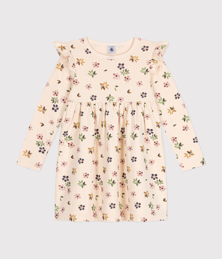 Meisjesjurk met lange mouwen van tubic ecru/multicouleur