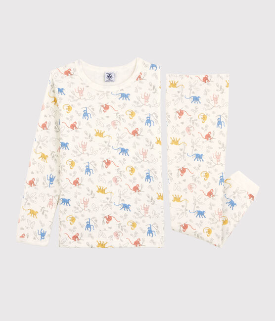 Pyjama met meerkleurige aapjes voor kleine meisjes/jongens in biokatoen wit MARSHMALLOW/wit MULTICO