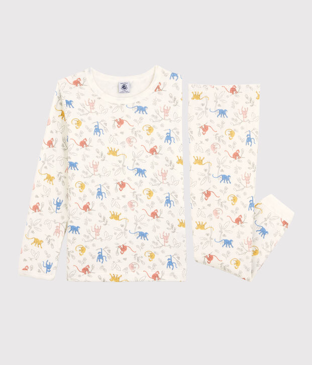 Pyjama met meerkleurige aapjes voor kleine meisjes/jongens in biokatoen wit/multicouleur