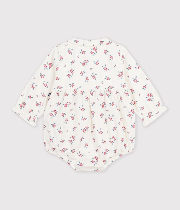 Korte babyromper van fijn fluweel met een kraagje met bosbessenprint. ecru/multicouleur