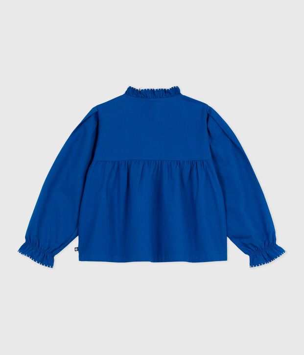 Effen kinderbloesje met lange mouwen van katoenen keperstof blauw