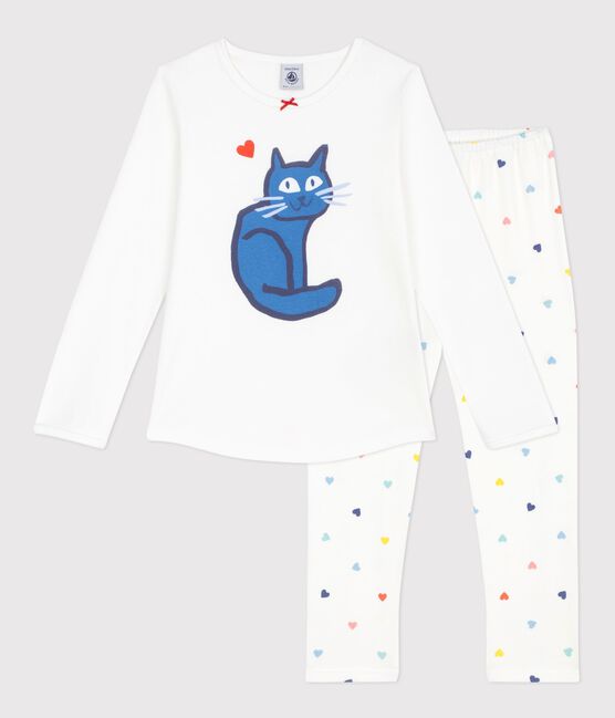 Katoenen kinderpyjama met katmotiefje wit MARSHMALLOW/wit MULTICO