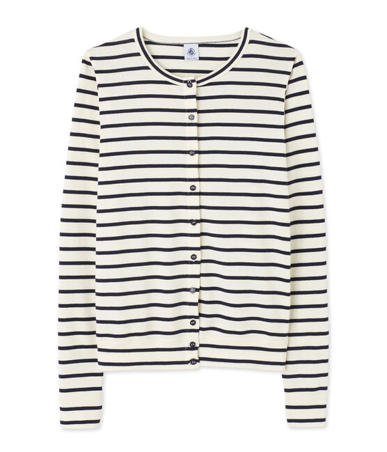 Gestreepte damescardigan beige COQUILLE/blauw SMOKING