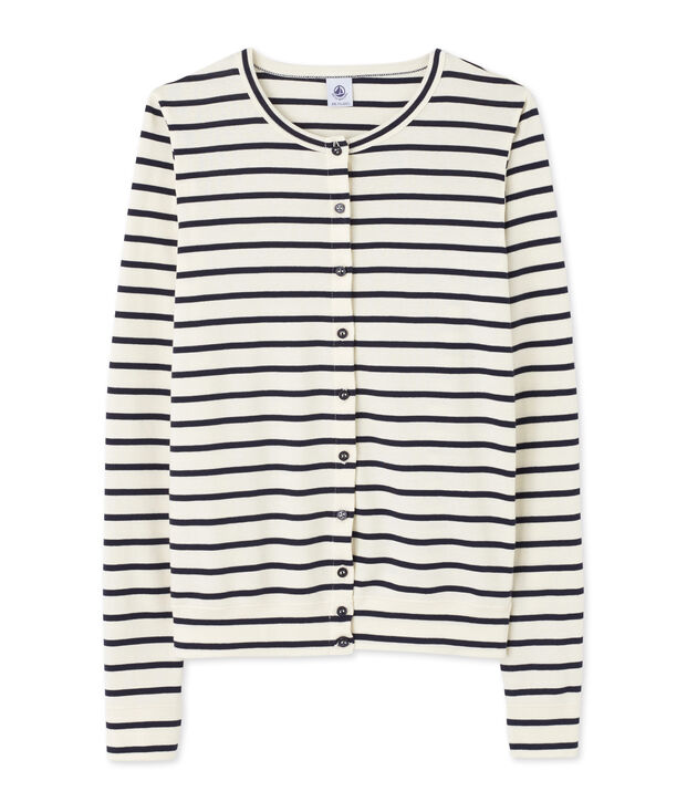 Gestreepte damescardigan wit/blauw