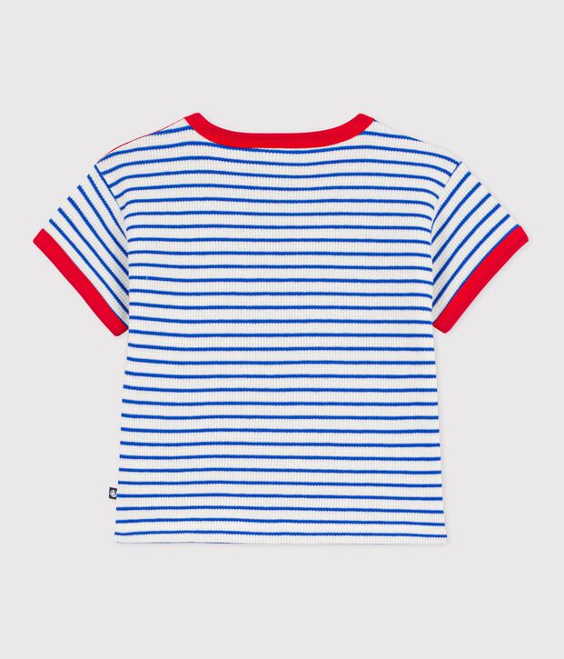 Katoenen T-shirt met korte mouwen en streepjes voor baby's blauw/blauw