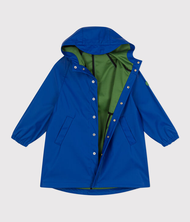 Lange tweekleurige regenjas voor kinderen blauw/groen