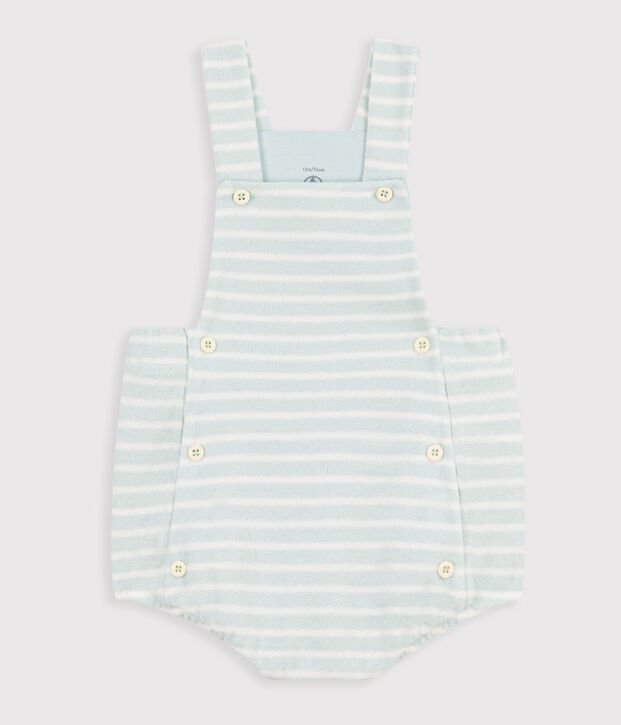 Gestreept babyspeelpakje van katoenen badstof blauw/ecru