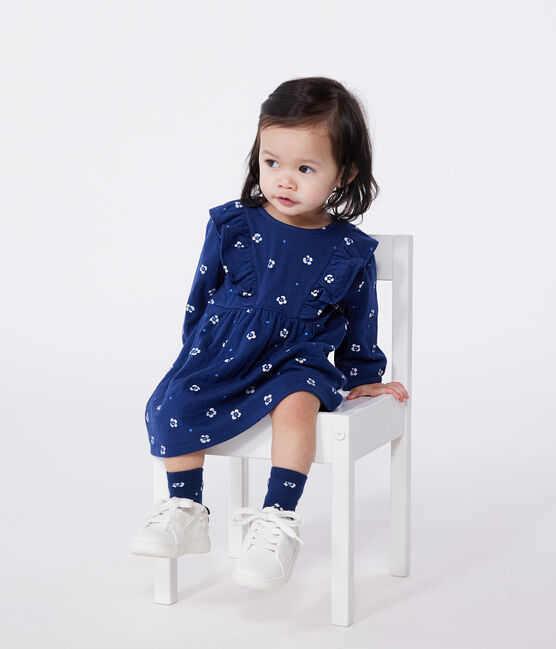 Katoenen babyjurkje met lange mouw en bloemenprint blauw MEDIEVAL/wit MULTICO