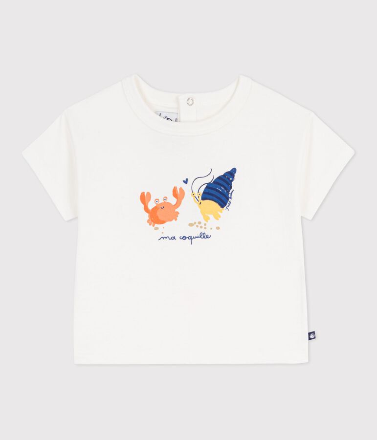 Katoenen baby-T-shirt met korte mouwen en meeuwmotiefje wit
