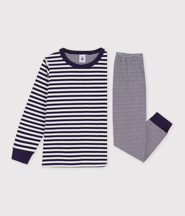 Gestreepte kinderpyjama in tubic blauw/ecru