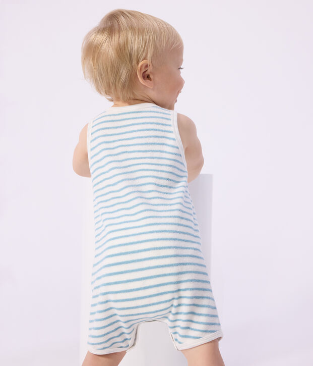Combinaison courte sans manches b&eacute;b&eacute; en coton bouclette &eacute;ponge &agrave; rayures blanc/bleu