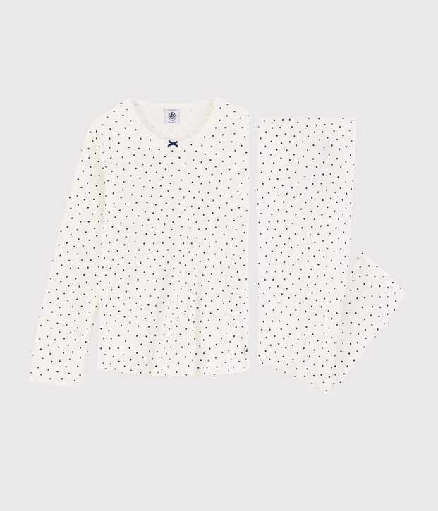 Pyjama &agrave; petits c&oelig;urs petite fille en coton blanc/bleu