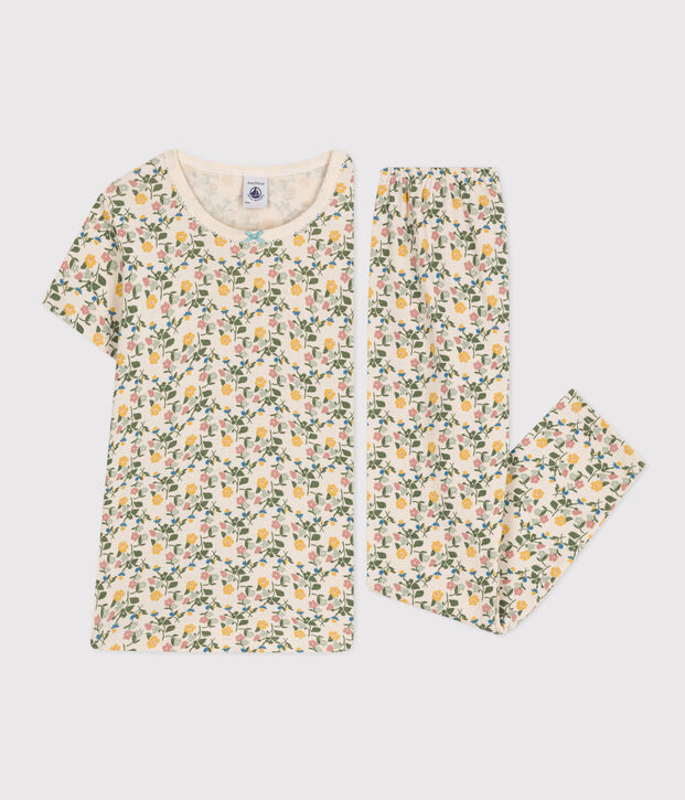 Pyjama en coton imprim&eacute; motif fleurs enfant &eacute;cru/multicouleur