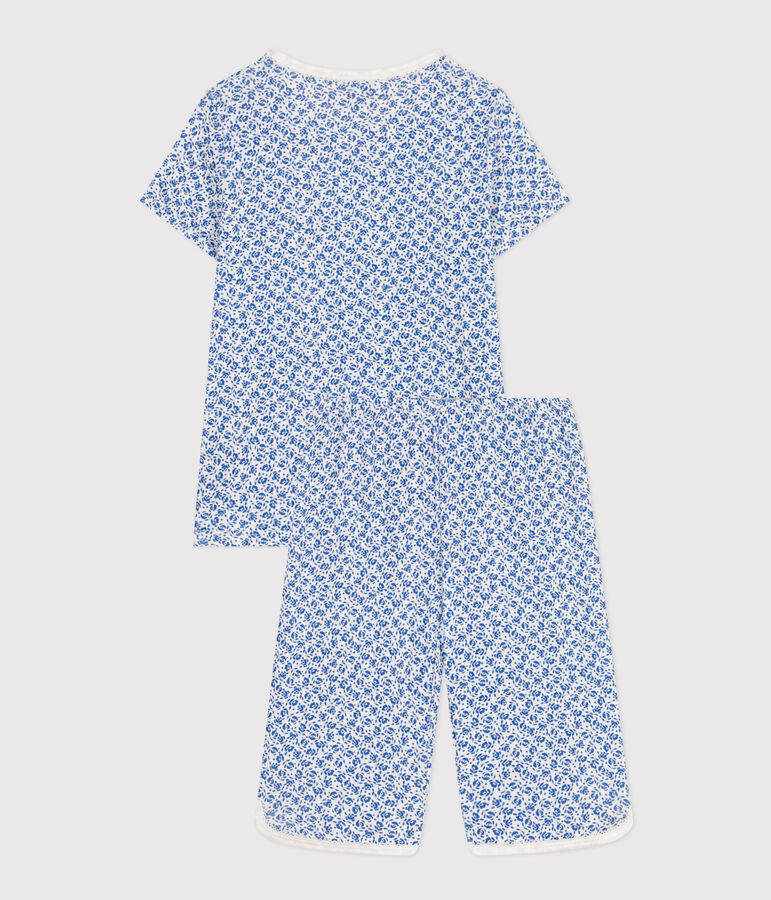 Pyjama capri imprim&eacute; fleur en coton enfant blanc/bleu