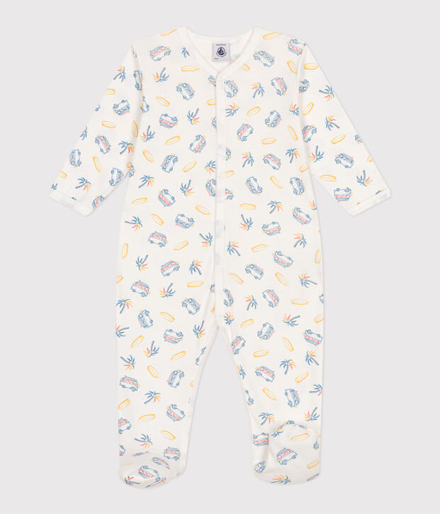 Katoenen babypyjama met busjesprint wit/multicouleur