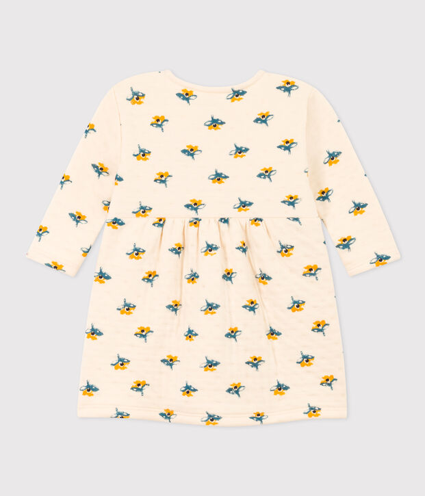 Jurk met lange mouwen in doorgestikte tubic met print voor baby's ecru/multicouleur