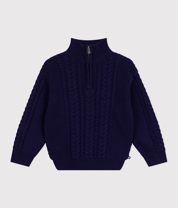 Pull col camionneur enfant en coton uni bleu marine