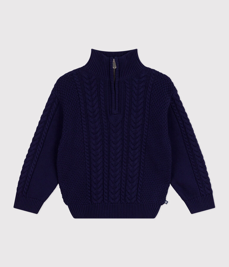 Pull col camionneur enfant en coton uni bleu