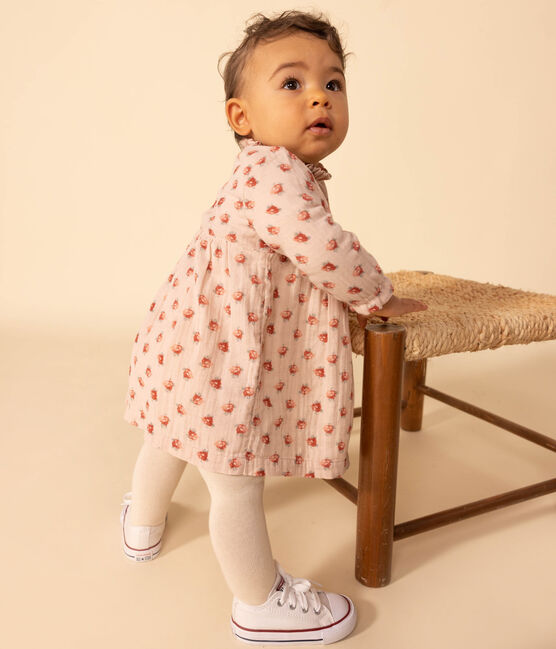 Jurk met lange mouwen van luchtig katoen voor baby's roze SALINE/wit MULTICO
