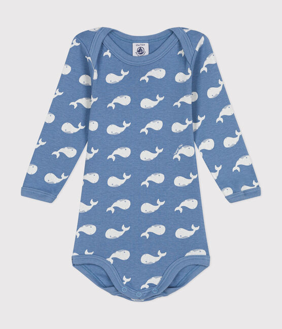 Katoenen body met lange mouwen en kraagje voor baby's blauw BEACH/ MARSHMALLOW