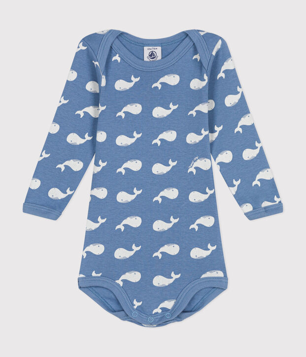 Body manches longues en coton b&eacute;b&eacute; bleu/blanc