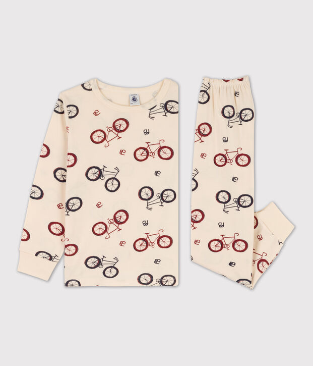 Katoenen jongenspyjama met fiets ecru/multicouleur