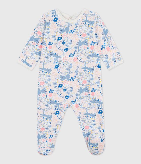 Babypyjama van geruwde fleece met opening op de rug en bloemetjesprint wit MARSHMALLOW/wit MULTICO