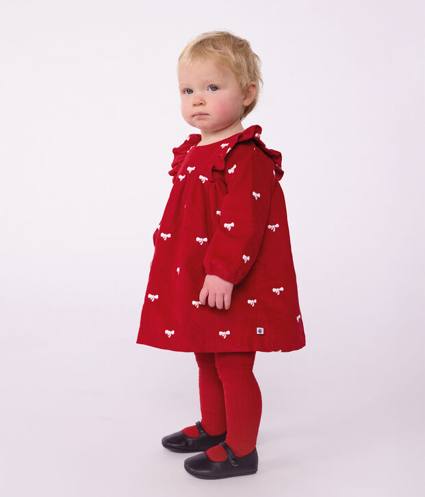 Robe b&eacute;b&eacute; en velours manches longues et broderies motif n&oelig;uds rouge/&eacute;cru