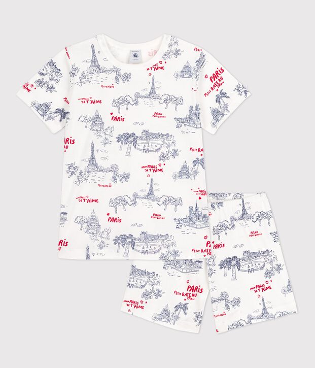 Korte pyjama in katoen voor jongens/meisjes wit/multicouleur