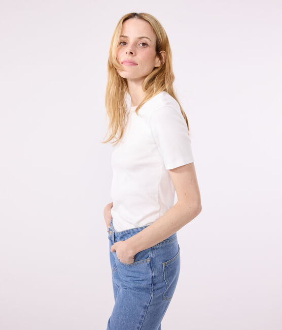 Tee-shirt l'Iconique manches courtes en côte unie femme blanc ECUME