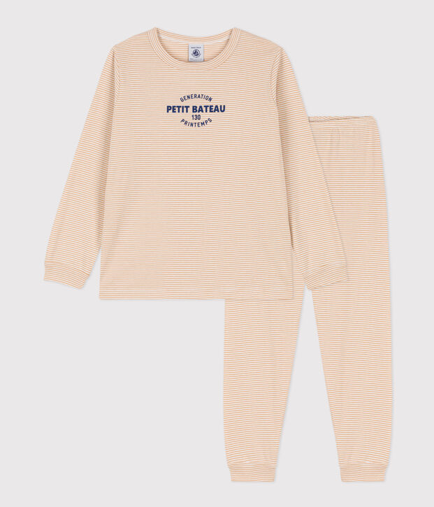 Pyjama ray&eacute; en coton enfant beige/blanc