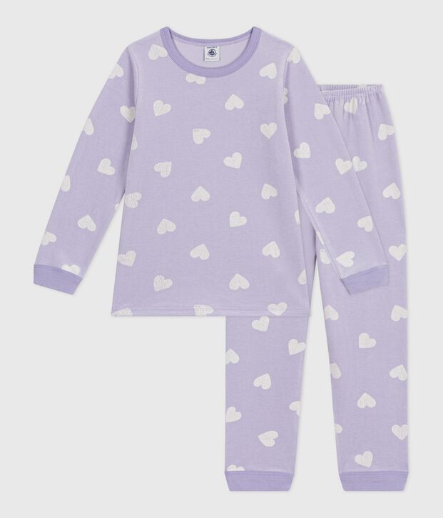 Fluwelen kinderpyjama met hartjesprint purper/wit