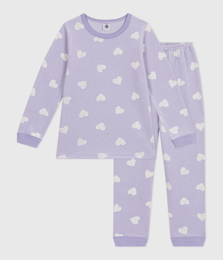 Pyjama enfant en velours imprim&eacute; c&oelig;urs violet/blanc