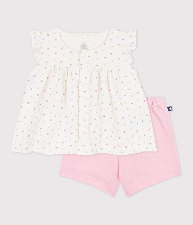 Ensemble 2 pi&egrave;ces b&eacute;b&eacute; en coton imprim&eacute; mini c&oelig;urs blanc/multicouleur