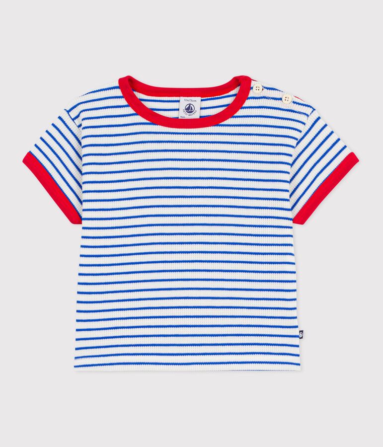 Katoenen T-shirt met korte mouwen en streepjes voor baby's blauw MILK/ PERSE