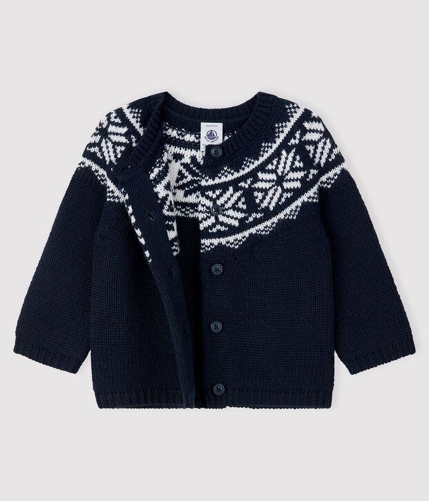 Cardigan 100% laine b&eacute;b&eacute; bleu/blanc